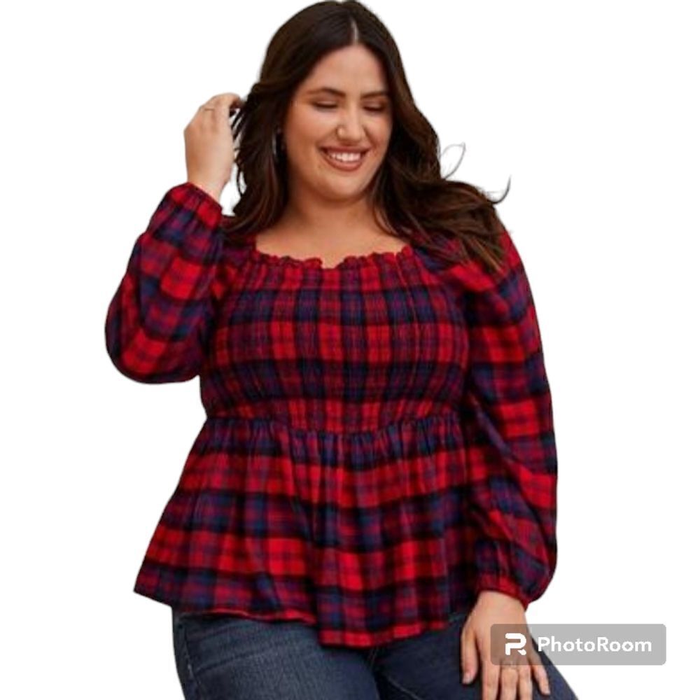 4X 26W Torrid Red Navy Plaid Babydoll Top Smocked Elastic Stretch Brushed Acryli